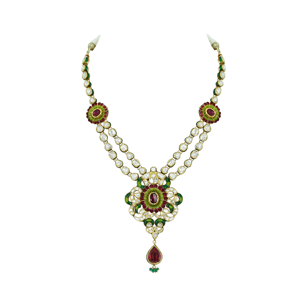 Double-String Polki Necklace with Enamel Flowers and Rhodolite